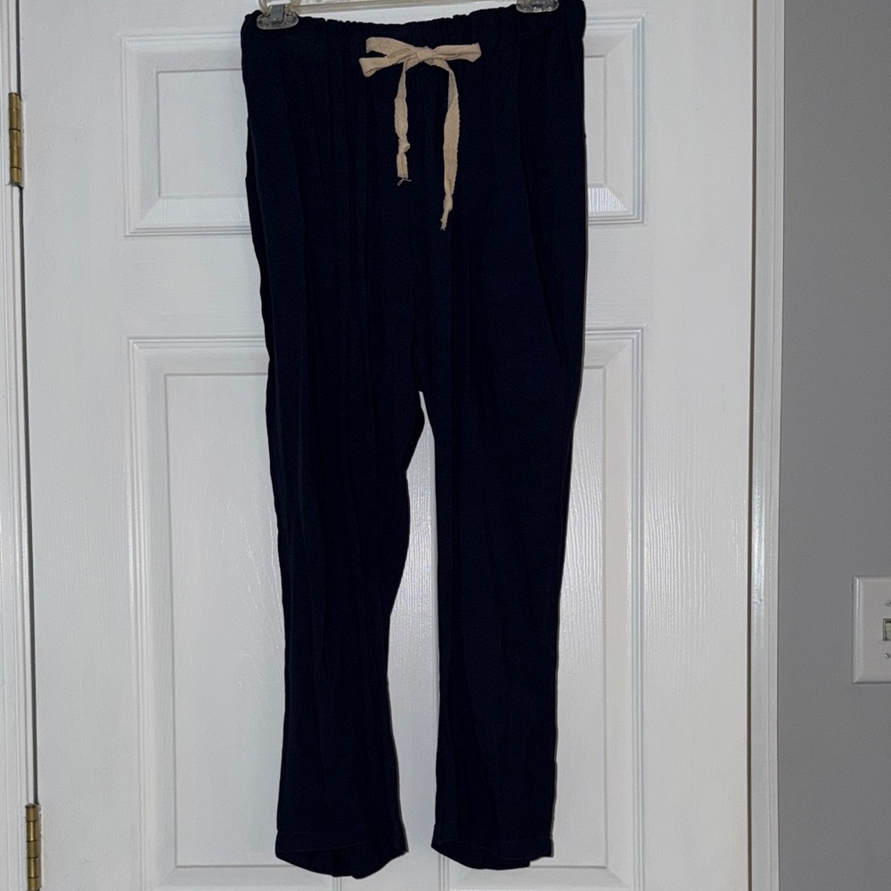 Amaryllis Women’s Navy Drawstring Linen Taper Pants Size Small
